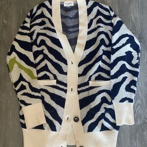 Designer Zebra Pattern Cardigan - Navy, Cream, and Green